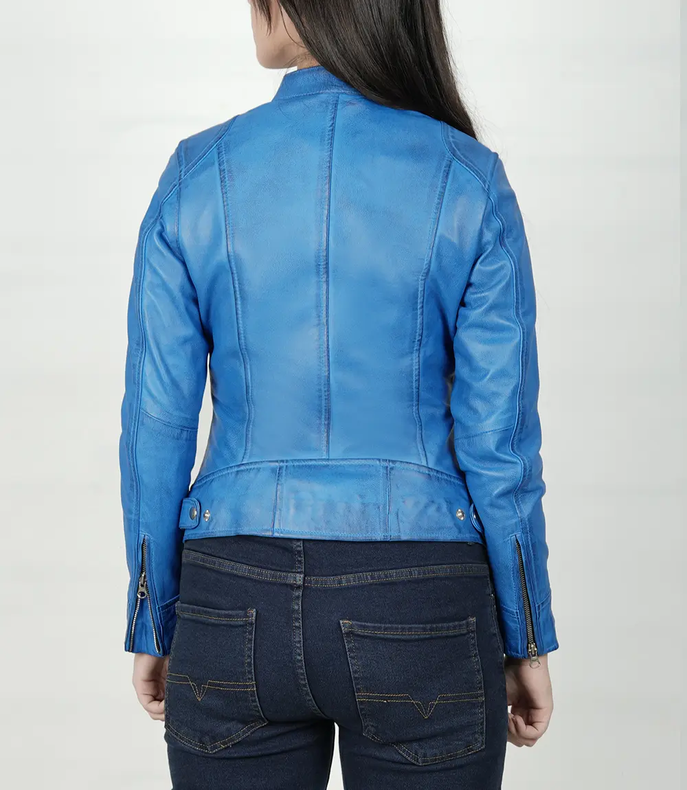 Womens Sky Blue Waxed Leather Moto Jacket