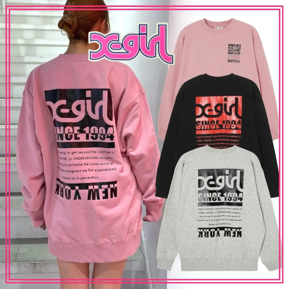 X-girl | Crew Neck Unisex Sweat Street Style Long Sleeves Plain - Women's Clothing